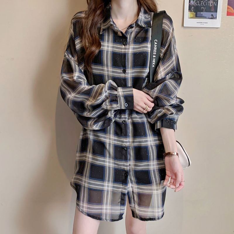 定番シンプル 透け感 チェック柄 日焼け対策 全3色 シャツ ＜S-8544＞