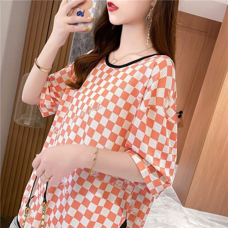 好感度満載 ラウンドネック 女性力を高める チェック柄 Tシャツ カットソー＜S-2985＞