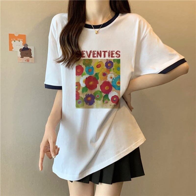 着?せ 配色 プリント ロング Tシャツ 四色 ゆったり半袖 ＜S-3019＞