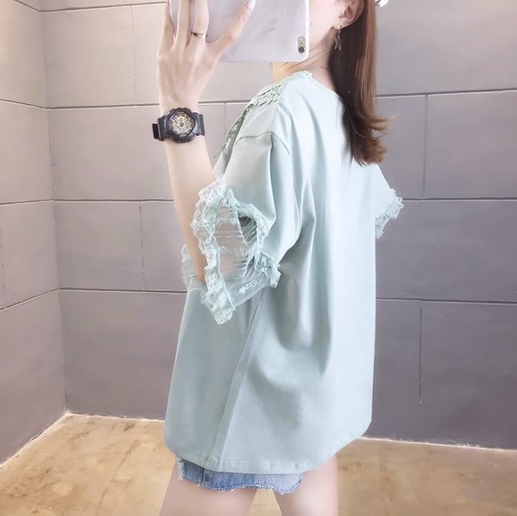 エレガントなレースステッチ半袖Tシャツ<S-3030>