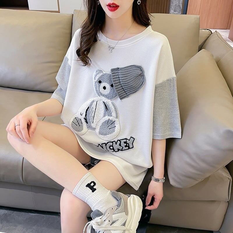夏新作 カラーマッチング ベアー刺繍 ワッフル ロング Tシャツ ゆったり半袖 ＜S-2850＞