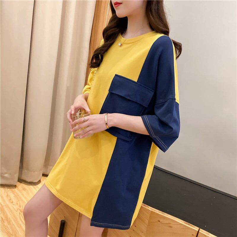 韓国系配色切り替えロングゆったり三色半袖Tシャツ＜S-1625＞