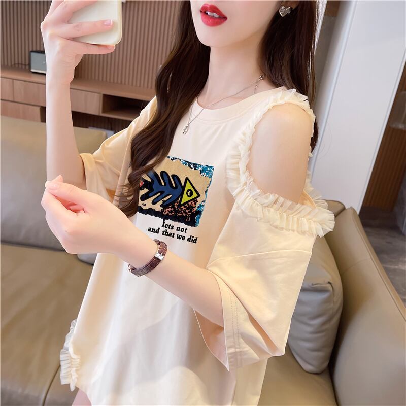 おしゃれ度高め レース 美人度アップ 切り替え プリント全4色 Tシャツ カットソー＜S-9213＞