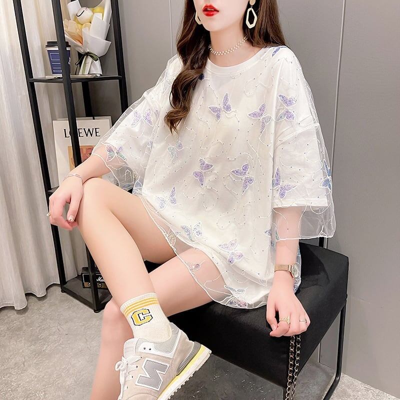 イントレンディなメッシュフェイクツーピースバタフライTシャツルーズトップ<S-2858>