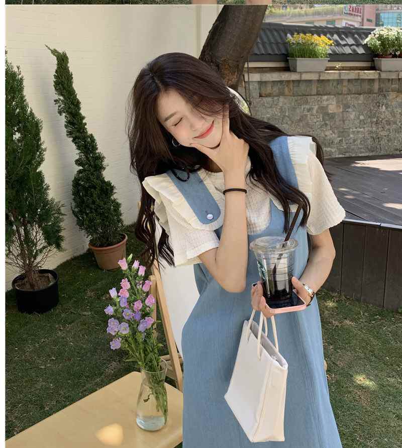 美人度アップ デニム 大人可愛い 全2色 半袖Tシャツ+サスペンダースカート セット<S-8782>
