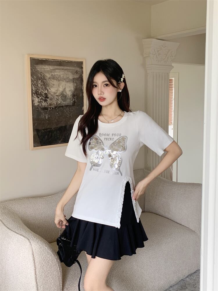 絶対欲しい キュート 超人気 ピンク プリント スパンコール 3色選択 半袖Tシャツ＜S-8570＞
