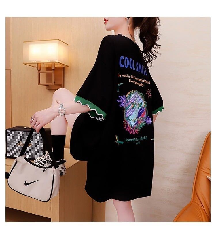 アルファベット プリント ドロップショルダー ロングTシャツ ゆったり＜S-2888＞