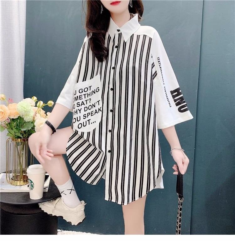 ストライプ柄 カラーマッチング POLOネック ロング Tシャツ ゆったり 5分袖＜S-2938＞