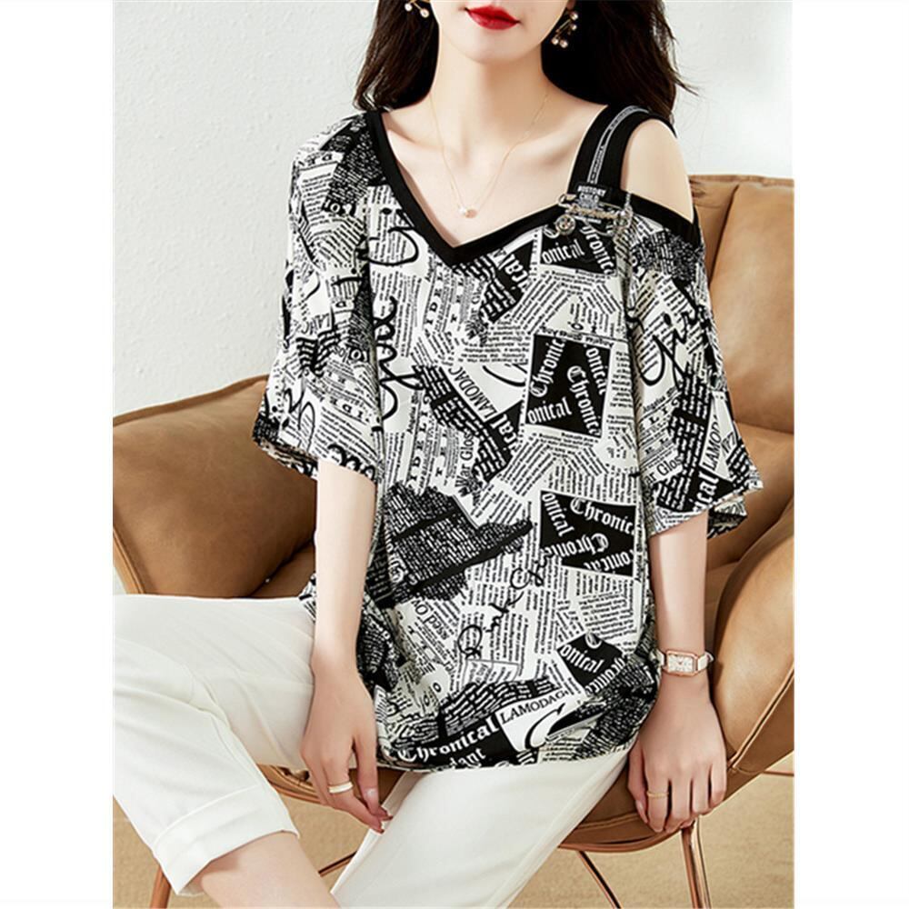【半額！期間限定！！】絶対流行 特別デザイン 個性派 シフォン プリント 半袖Tシャツ＜S-8610＞