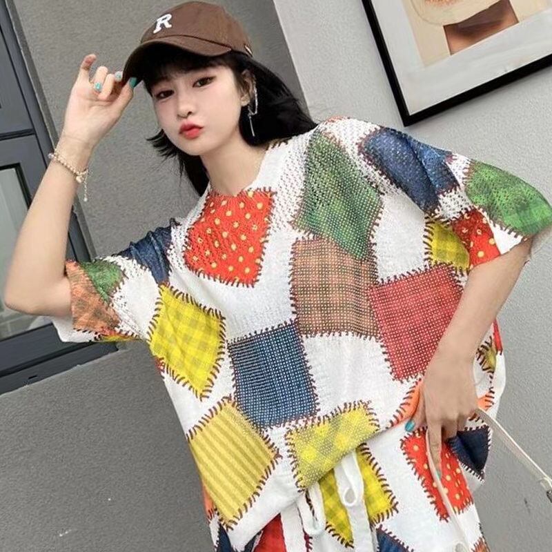 絶対欲しい アイスシルクニット ジオメトリック柄 半袖 Tシャツ ショートパンツ セットアップ ＜S-8983＞
