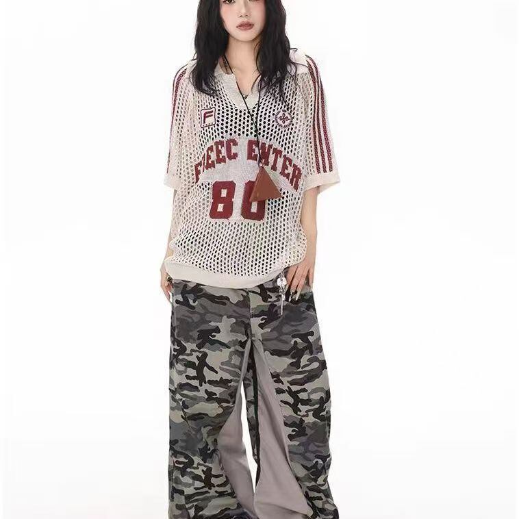 人気 プリント 透かし編み 半袖 Tシャツ <S-13183>