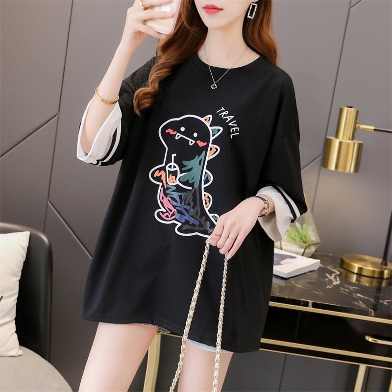 合わせやすい アルファベット ラウンドネック プリントTシャツ ゆったり ワンピース＜S-3992＞