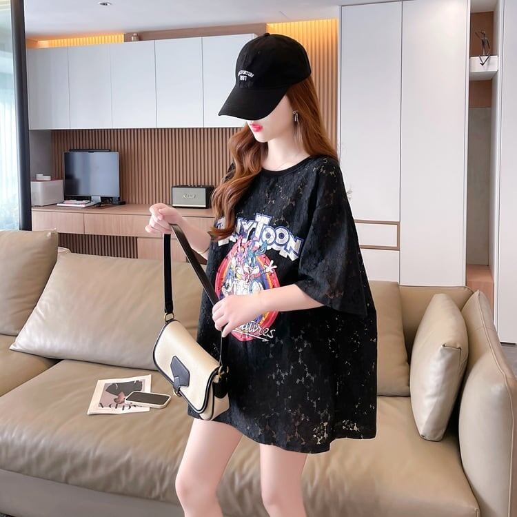 ハイエンドデザインセンスレース中空ルーズミドル丈半袖Tシャツ<S-3035>