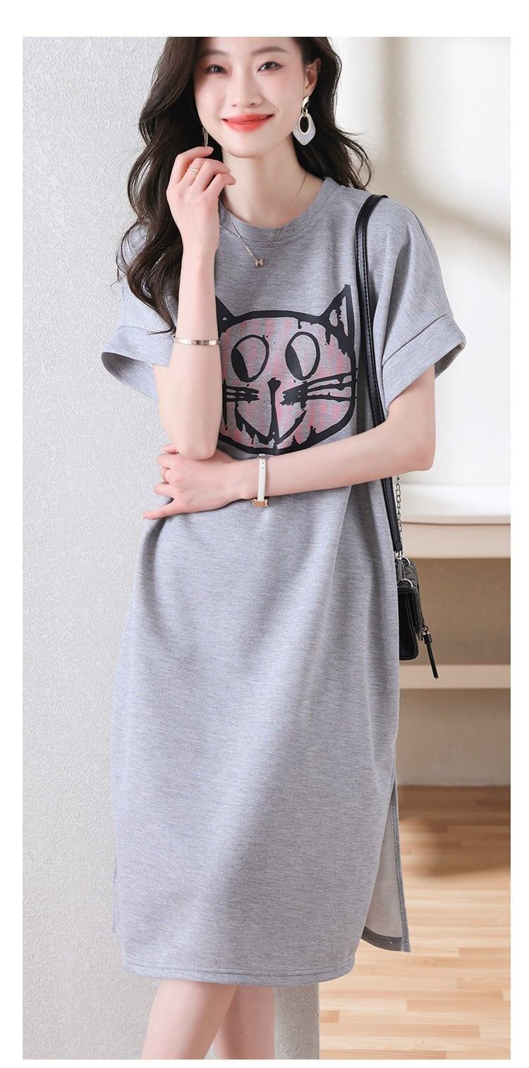 新しいカジュアルな猫プリント シャツ T ドレス<S-5037>