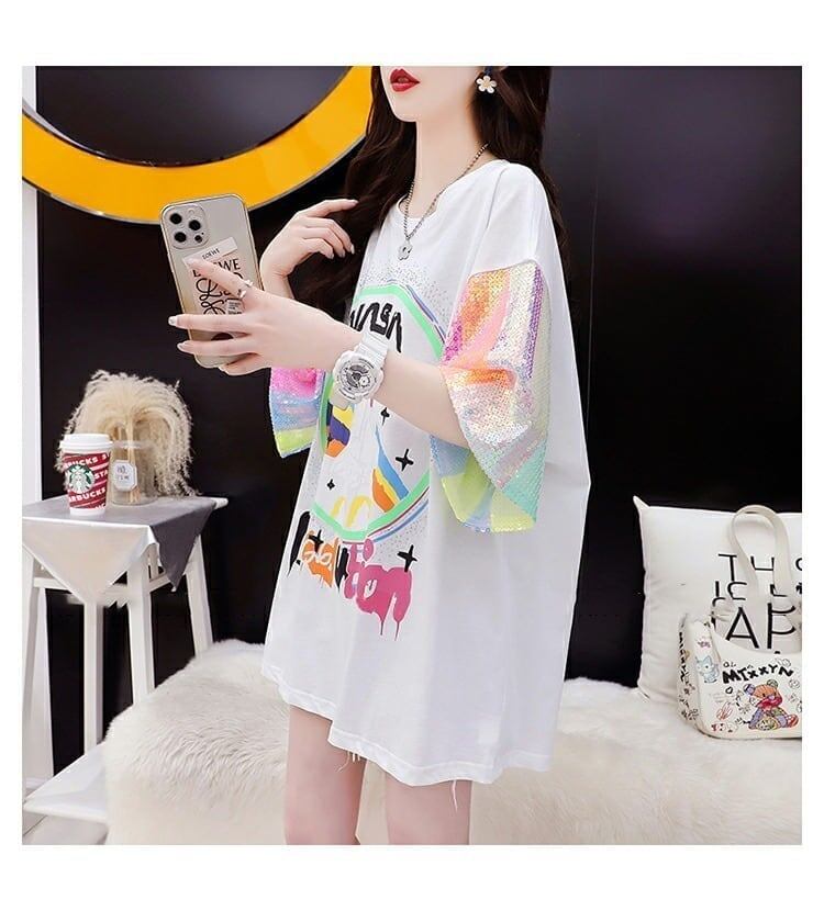 大好評 プリントTシャツ スパンコール切り替え ゆったり半袖＜S-2890＞