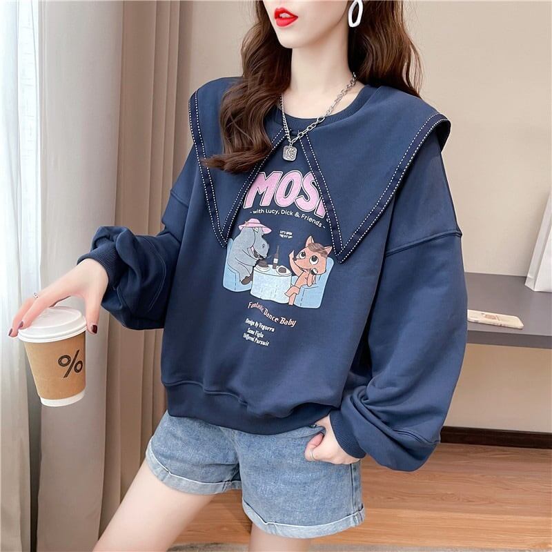 絶対欲しい グラフィックプリント セーラ服の襟 三色 長袖Tシャツトップス<S-4036>