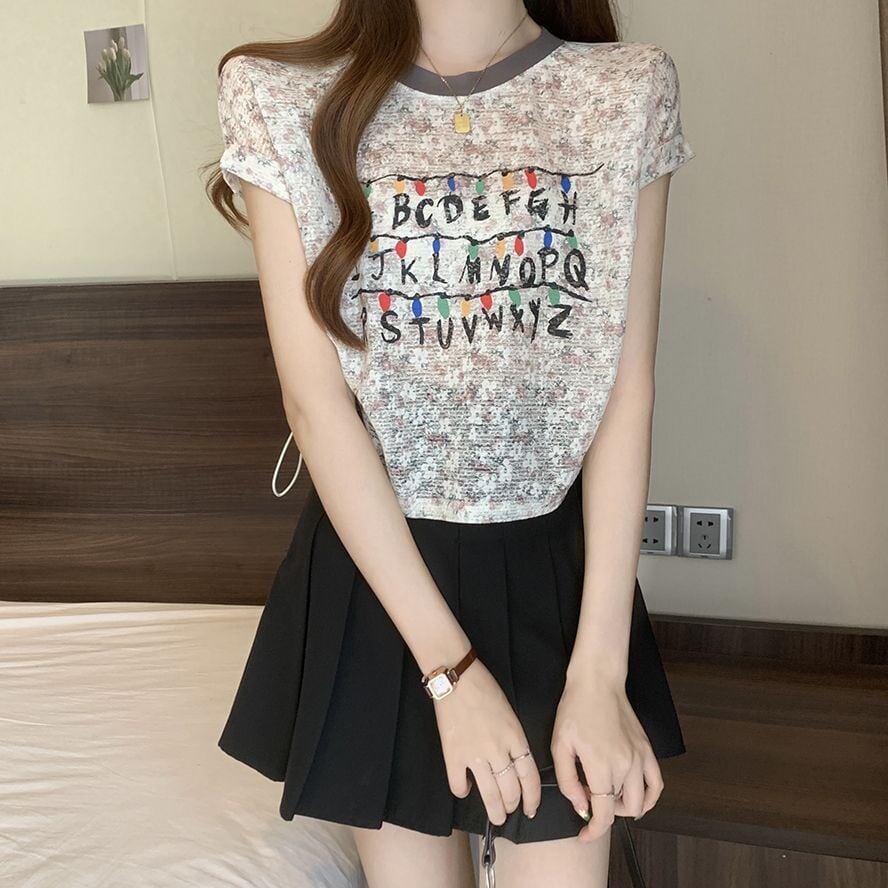 好感度UP カジュアル 大人可愛い プリント 全2色 半袖 Tシャツ＜S-8822＞