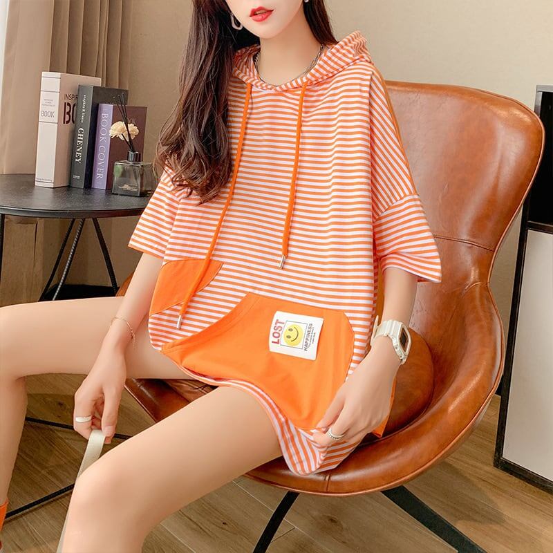 スタイルアップ効果抜群 ストライプ柄 アバンギャルド 切り替え レース プリント全2色 半袖Tシャツ<S-9111>