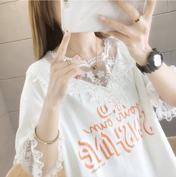エレガントなレースステッチ半袖Tシャツ<S-3030>