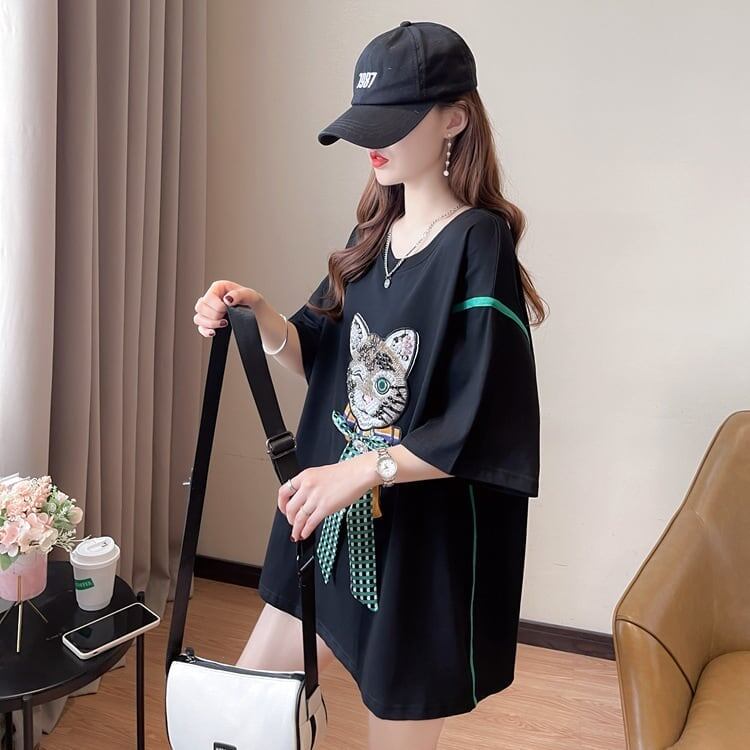 質感のいい 猫刺繍 立体のリボン ロング Tシャツ ゆったり半袖 ＜S-2919＞