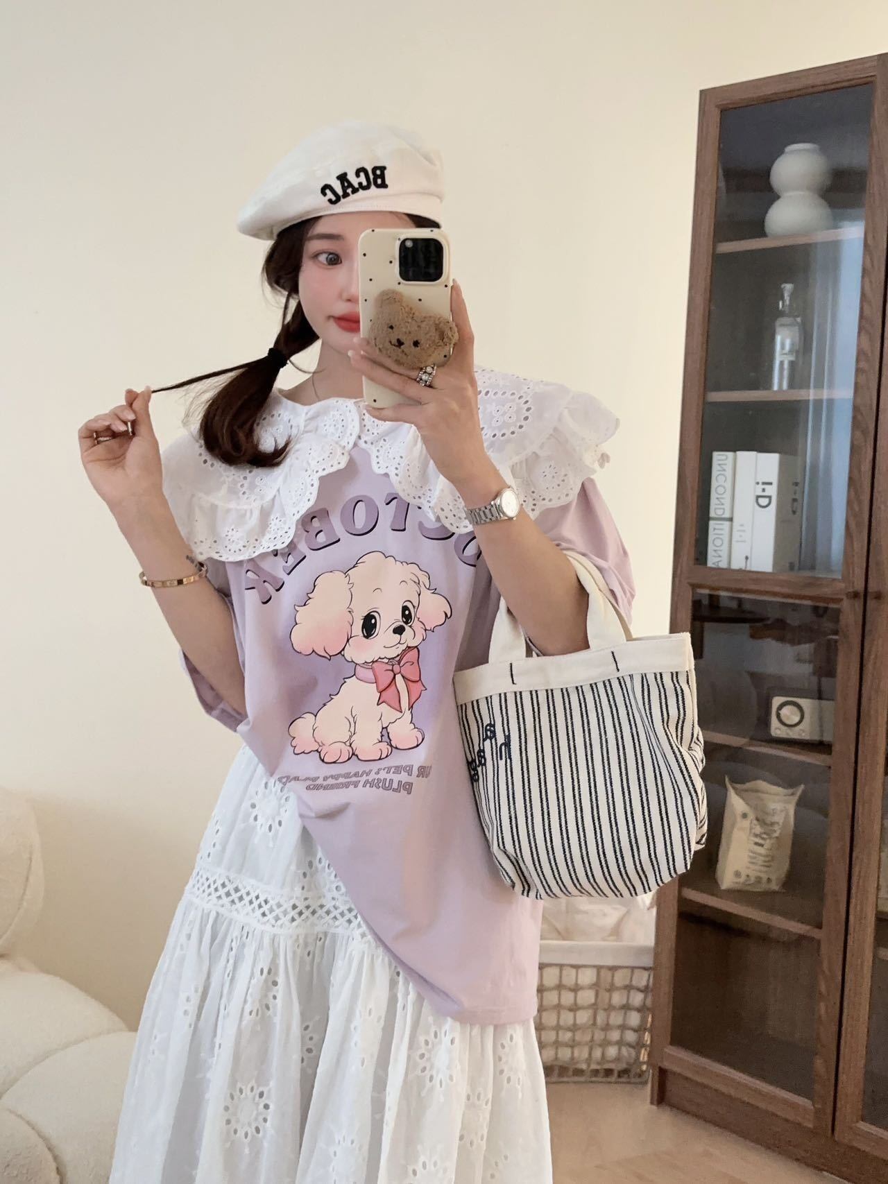 スウィート ワンちゃんロゴ 韓国系 ゆったりTシャツ半袖<S-4882>