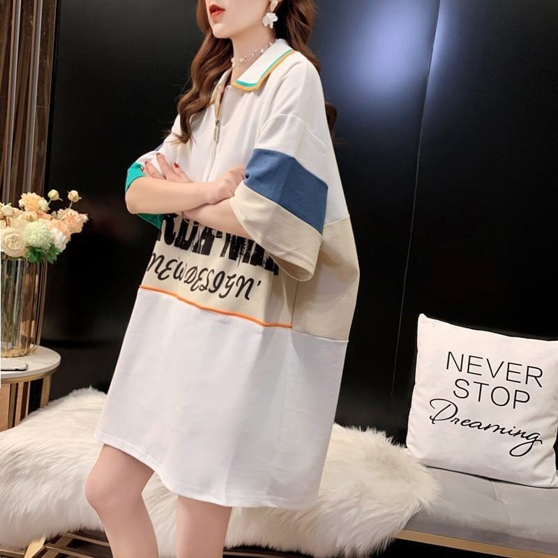 韓国系 切り替え POLOネック ファスナー ロング Tシャツ 二色 ゆったりワンピース ＜S-3015＞