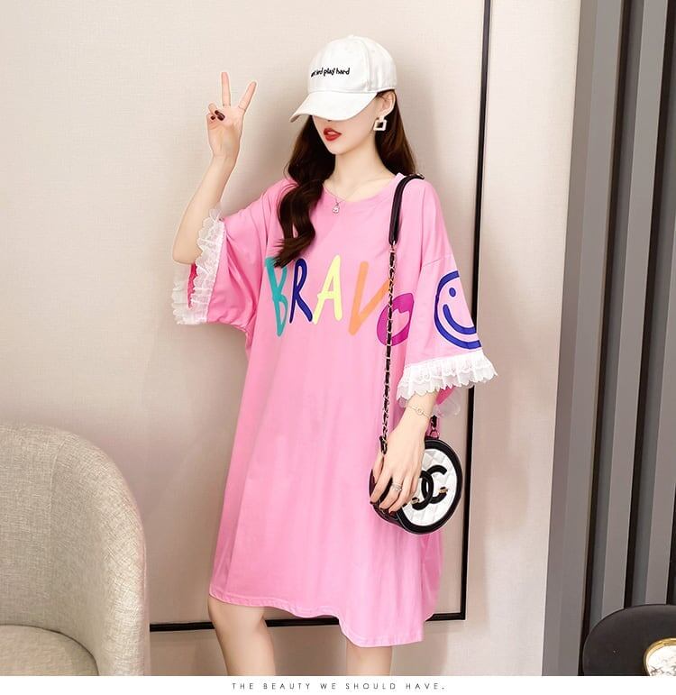 夏新作 アルファベット オーバーサイズ フリル プリントTシャツ 三色 ゆったり半袖＜S-3009＞