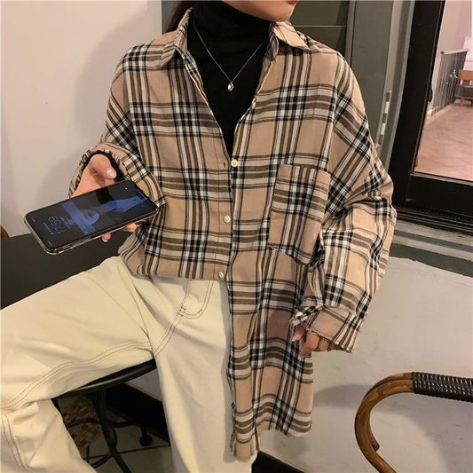 デザイン感 POLOネック チャーミング チェック柄 シャツ ブラウス＜S-2640＞