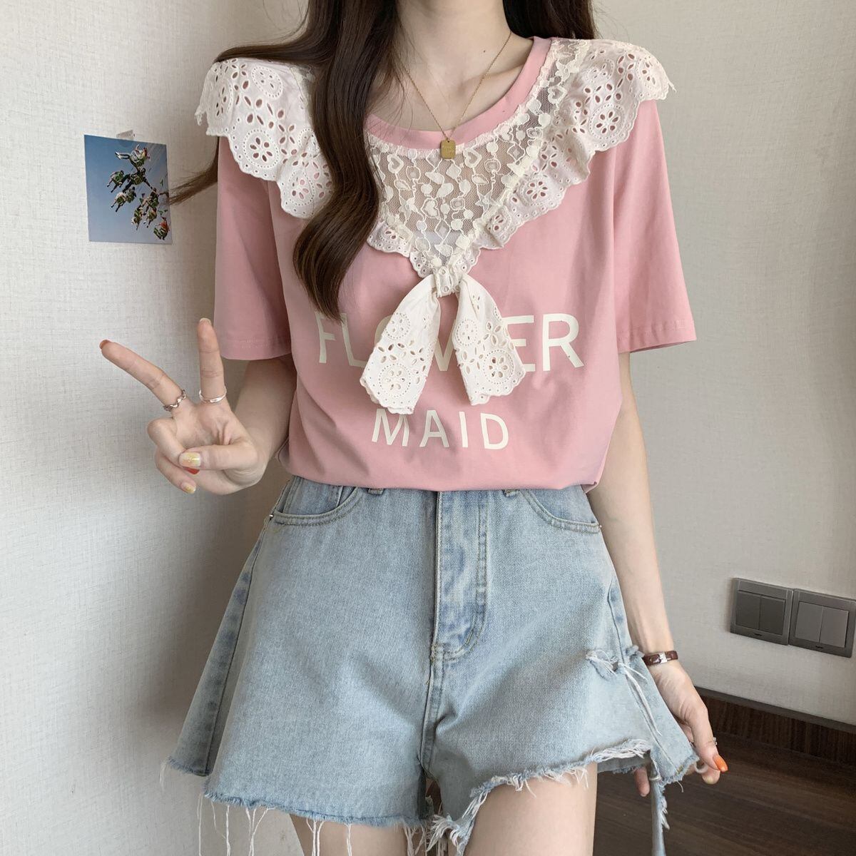 超人気 レース スウィート 切り替え プリント 3色選択 半袖Tシャツ＜S-8825＞