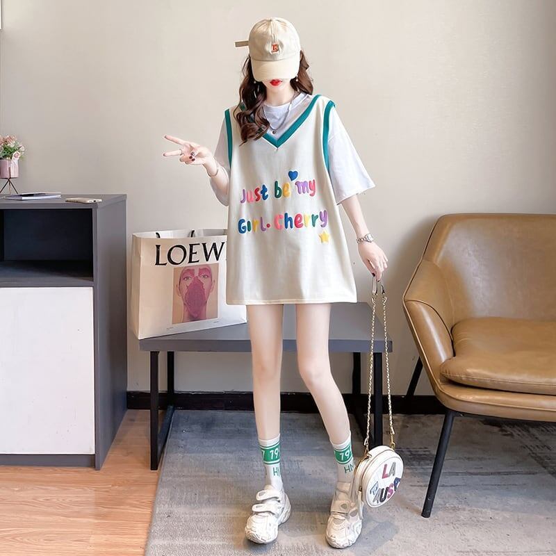 絶対欲しい レイヤード アルファベット Tシャツ ゆったり ロング 半袖 ＜S-2943＞