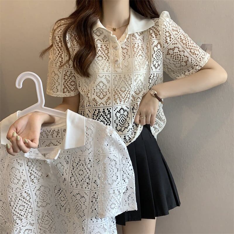 ファッション 透かし彫り 美人度アップ POLOネック Tシャツ カットソー＜S-3234＞