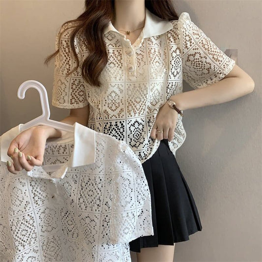 ファッション 透かし彫り 美人度アップ POLOネック Tシャツ カットソー＜S-3234＞