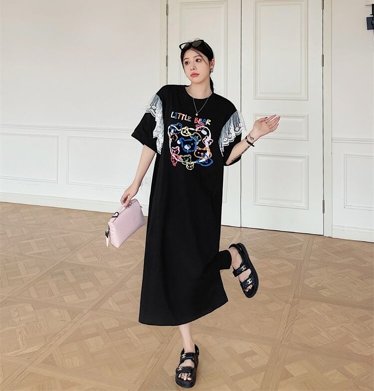 おすすめ レース ファッション 切り替え プリント Tシャツ カットソー ワンピース＜S-8535＞