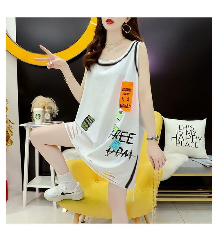 今季マストバイ ダメージ加工 デザイン性抜群 プリント全2色 ノースリーブ Tシャツ カットソー＜S-9141＞