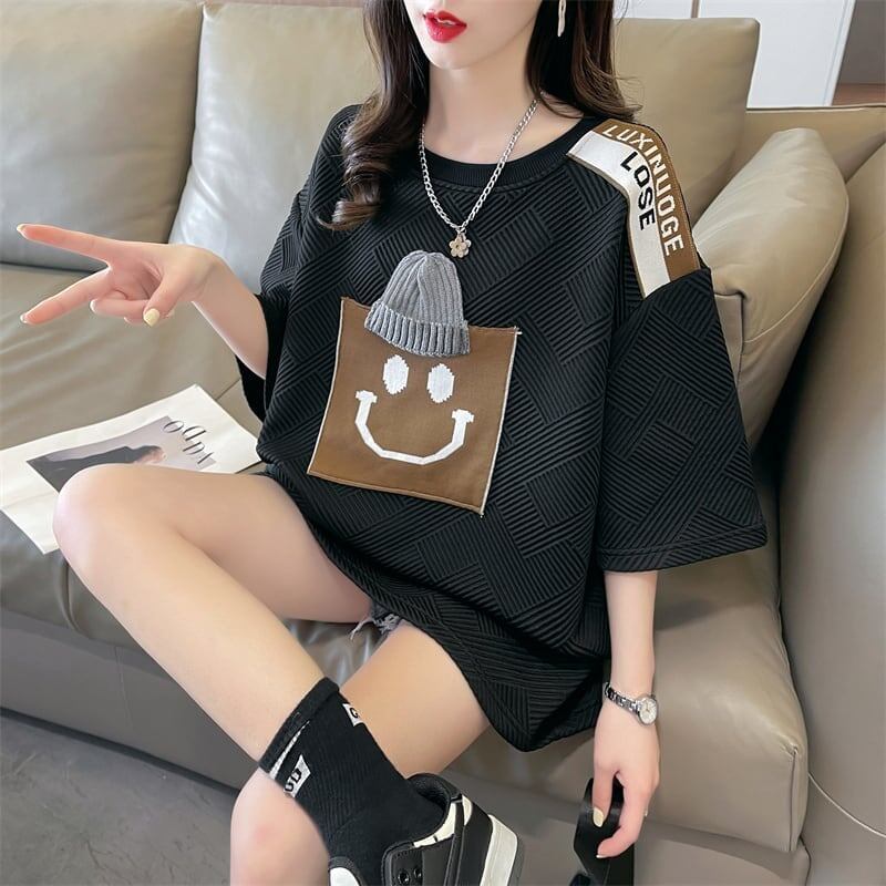 エレガントな立体ジャガードルーズウールパッチステッチ半袖Tシャツ<S-2901>