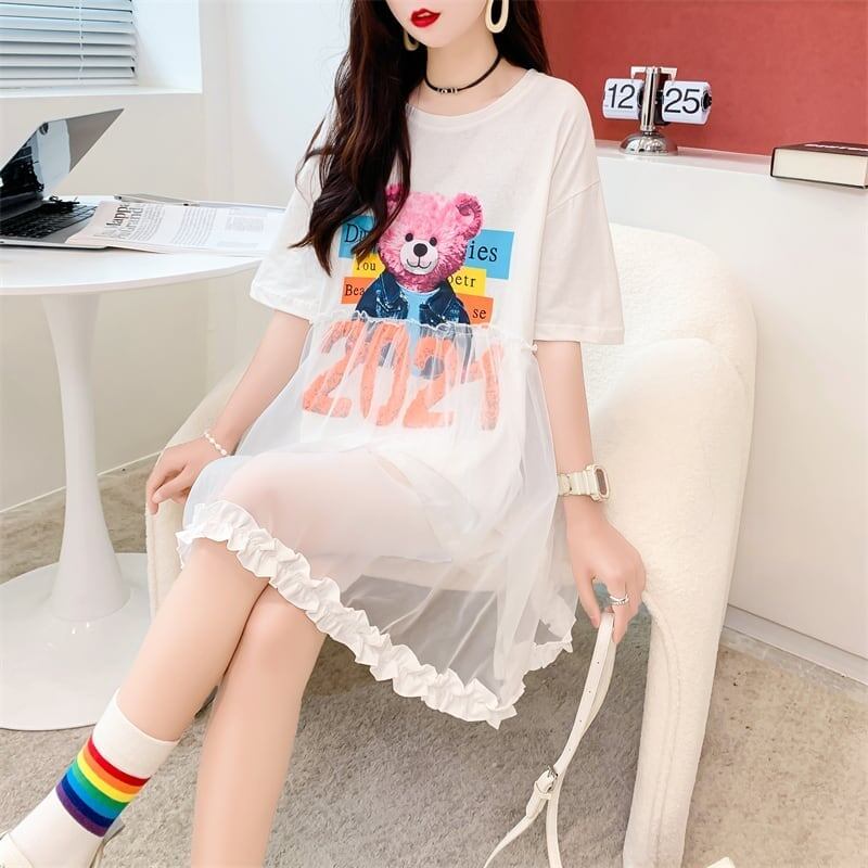 デザインセンスレースステッチフェイクツーピース半袖Tシャツワンピース<S-2964>