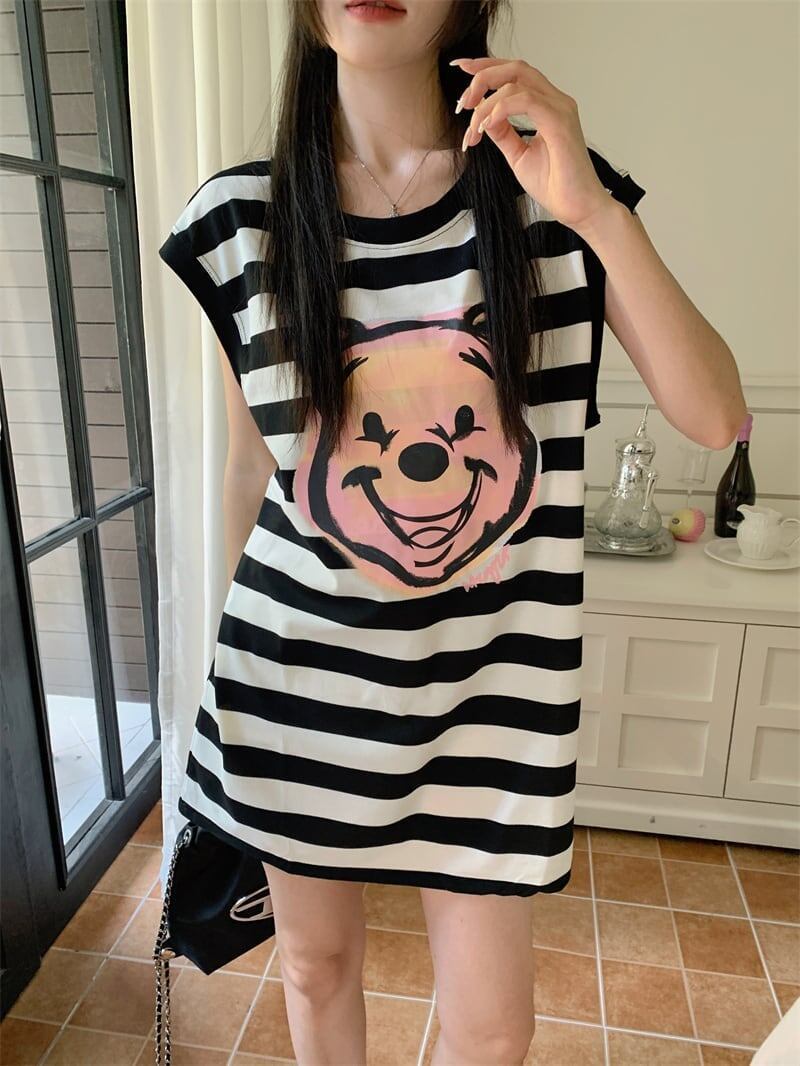 おしゃれ度アップ ノースリーブ ストライプ柄 ロング Tシャツ ゆったり ワンピース＜S-2977＞