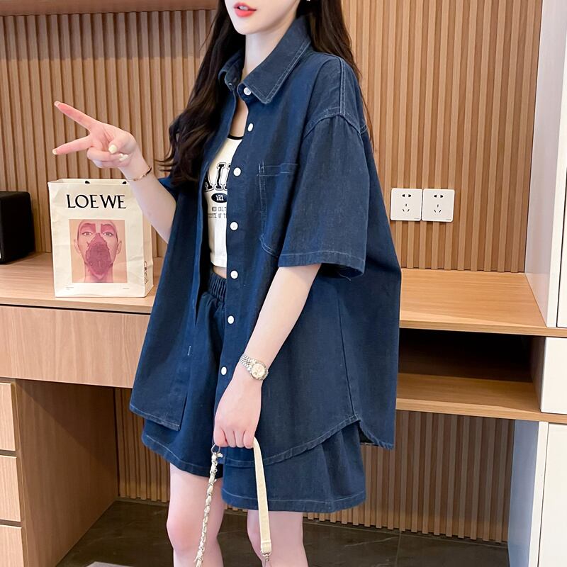 オーバーサイズ 半袖 デニム シャツ + ショートパンツ セットアップ <S-13150>