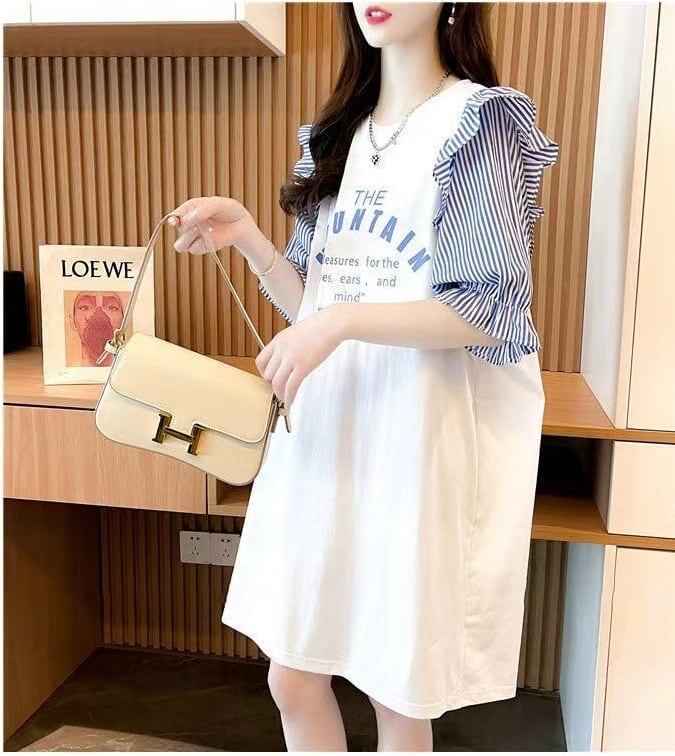 夏新作 カラーマッチング スカラップスリーブ ロング Tシャツ ゆったり 5分袖 ＜S-2854＞