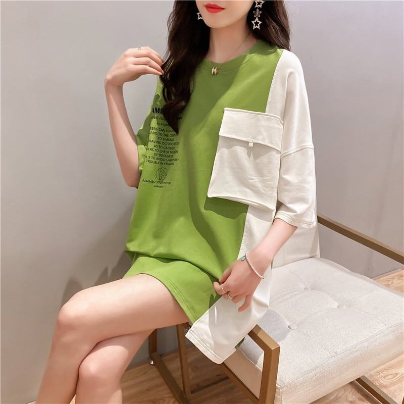 韓国系配色切り替えロングゆったり三色半袖Tシャツ＜S-1625＞