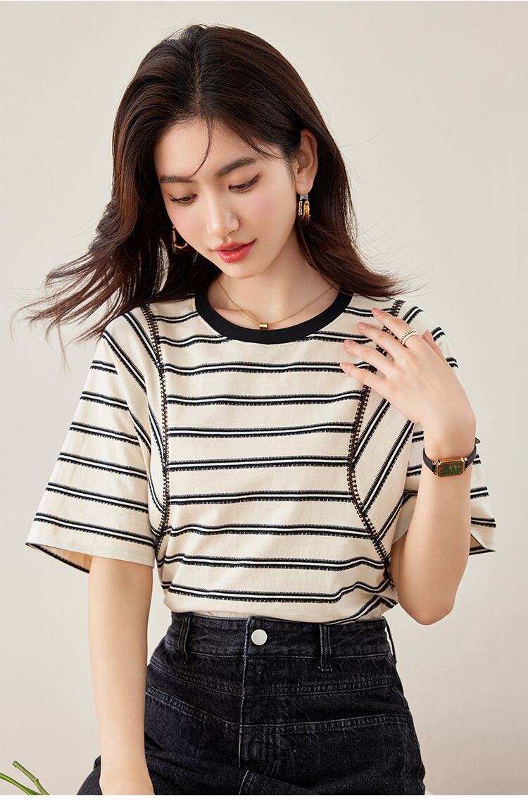 好感度UP ファッション カジュアル エレガント ストライプ柄 Tシャツ<S-8327>