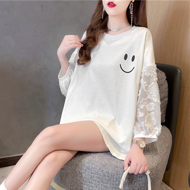 好感度満載 レース切り替え 笑顔 ゆったり ホワイト 着?せ 七分袖 Tシャツ　＜isf-1938＞