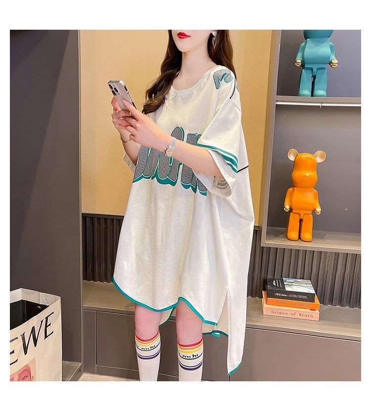 おしゃれ度アップ アルファベット フィッシュテール プリントTシャツ ゆったり半袖＜S-3012＞