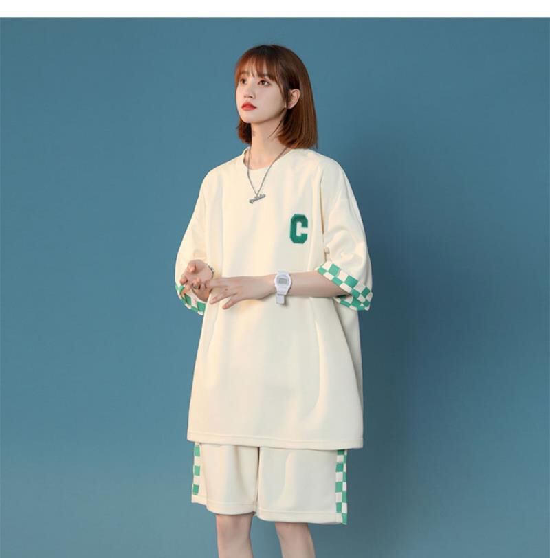 超人気  ルーズ アメリカンスタイルのカジュアルなクロップドジャケット<S-5164> 半袖Ｔシャツⅹパンツセット全2色 <S-8209>