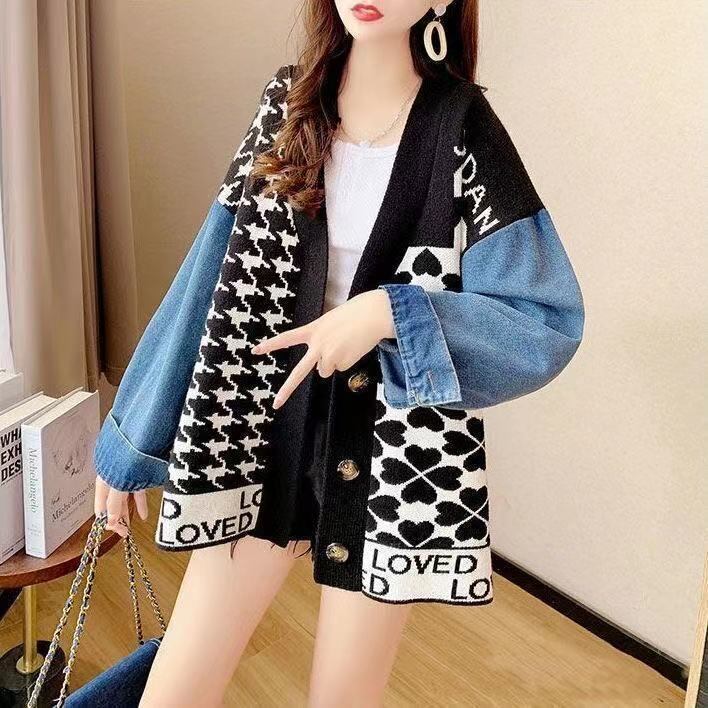 都市ファッショ デザイン オシャレ デニム切り替え 全2色 ニットカーディガン<S-9377>