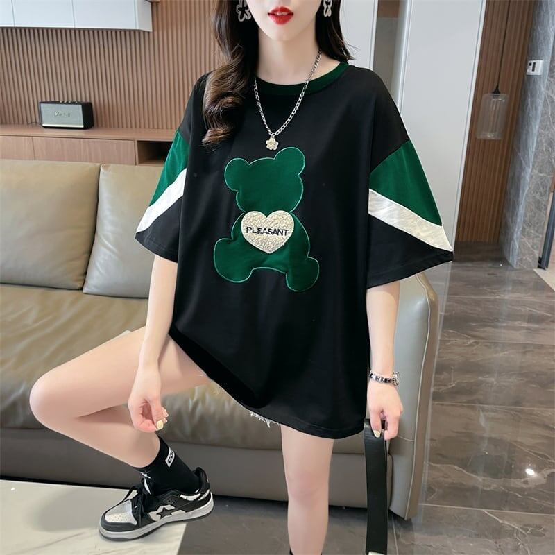 カジュアルルーズワッペン刺繍ステッチカラーブロック半袖Tシャツ<S-2870>