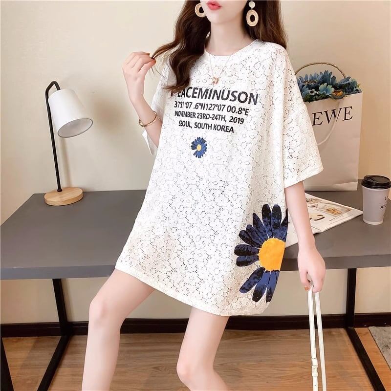 優しい雰囲気 透かし彫り 花柄 プリント ロング Tシャツ ゆったりワンピース ＜isf-3033＞