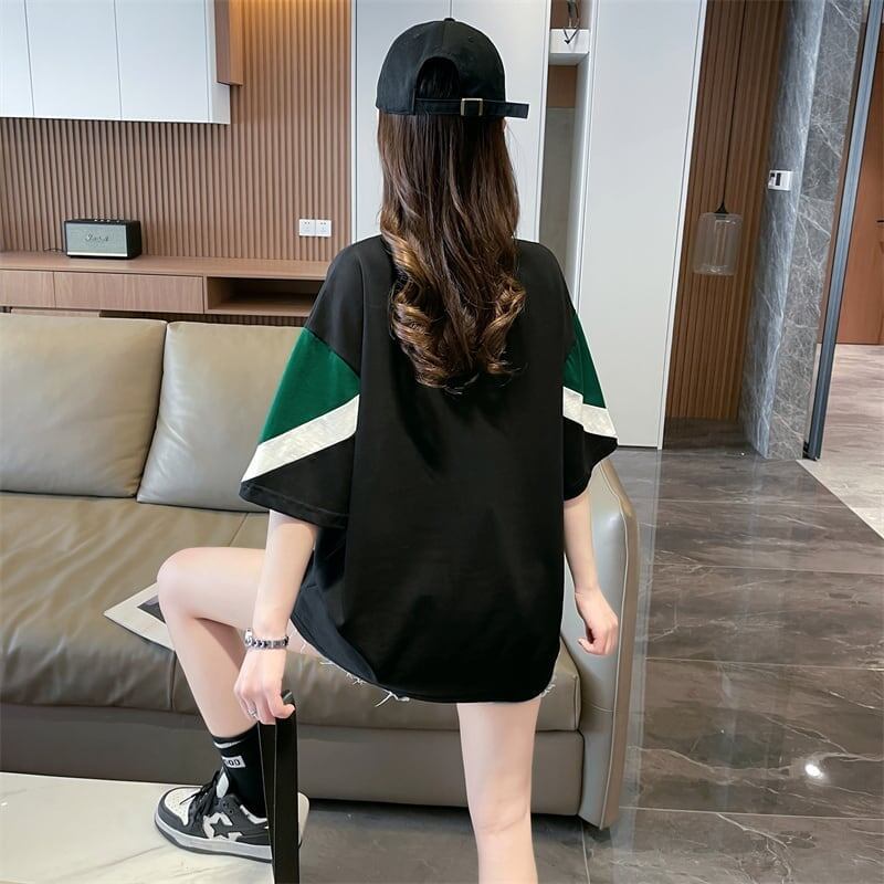 カジュアルルーズワッペン刺繍ステッチカラーブロック半袖Tシャツ<S-2870>