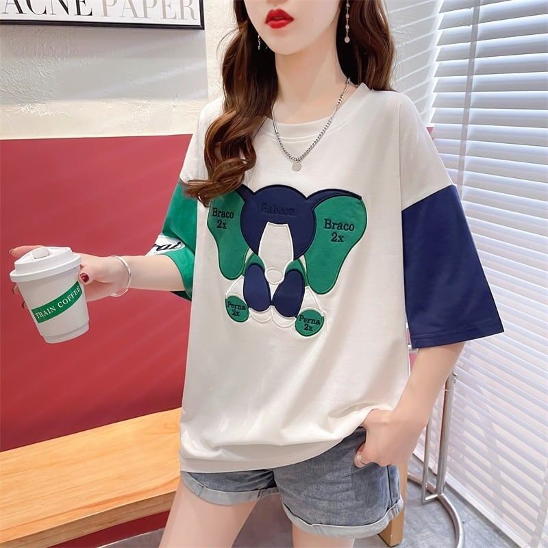 気質漫画カラーマッチング偽ツーピース半袖Tシャツ<S-2997>