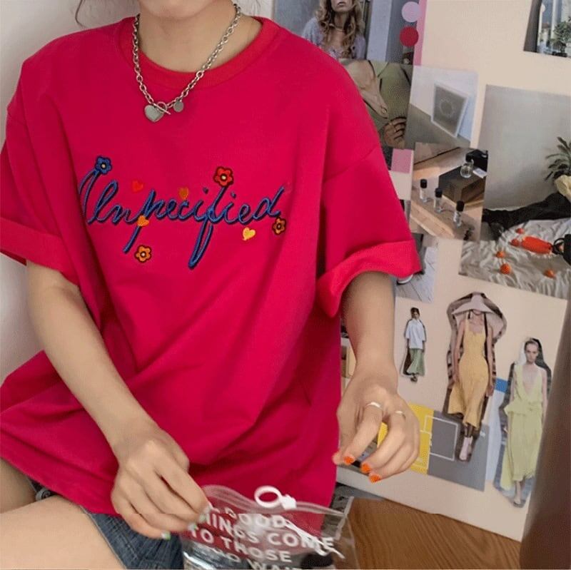 質感のいい アルファベット 刺ロゴ Tシャツ ローズ ゆったり半袖＜S-2967＞